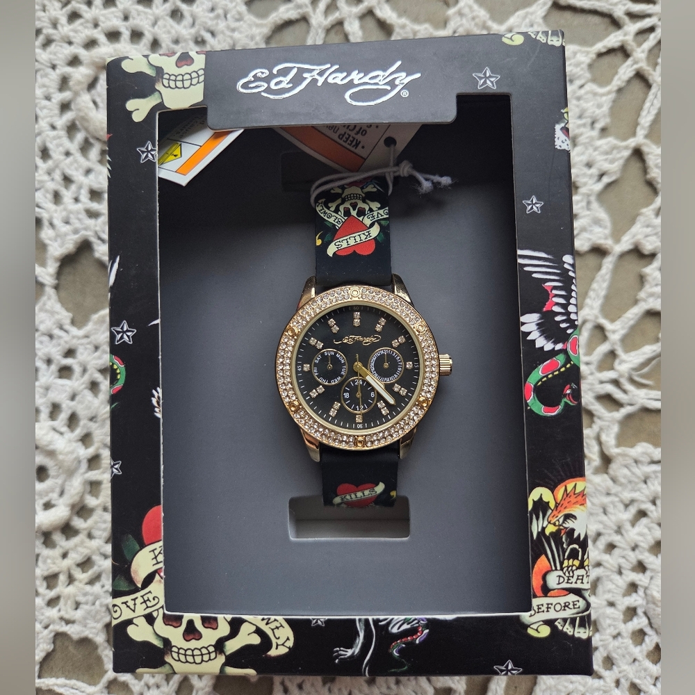 Ed Hardy Ladies Black Silicone Strap Matte Black Analogue 38mm Watch with 1mm Cr